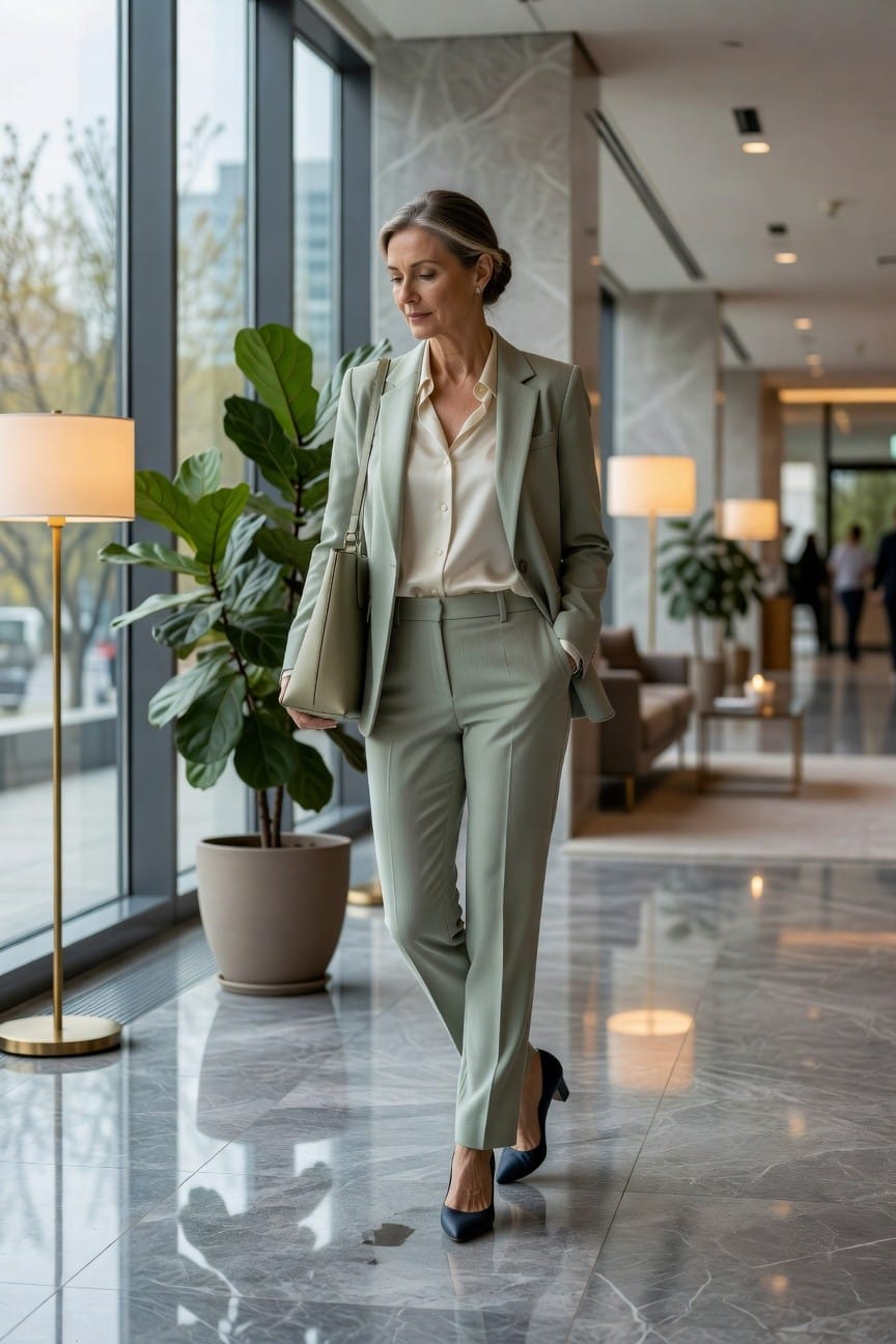 Woman over 50 in sage green tailored blazer suit with white silk blouse, beige leather bag, black heels, walking confidently in modern hotel lobby