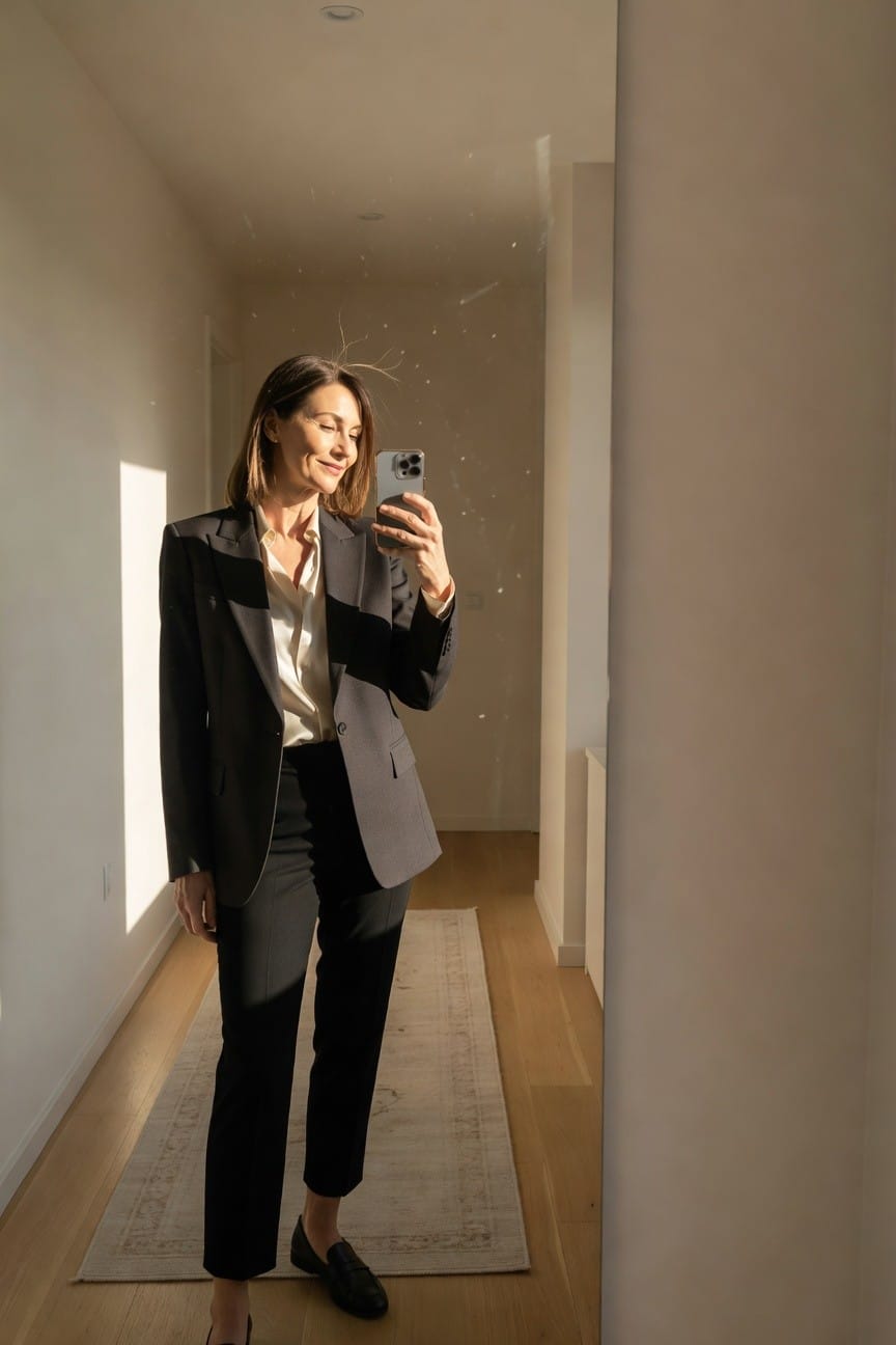 Woman in her 50s taking a mirror selfie in a tailored black blazer over white blouse, black wide-leg ankle pants, and black loafers, standing in a modern hallway