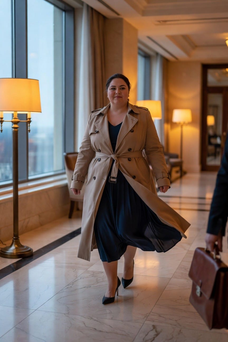 Confident plus-size woman walking in beige belted trench coat layered over navy pleated midi dress with black high-heeled pumps, carrying no bag, in elegant indoor hallway