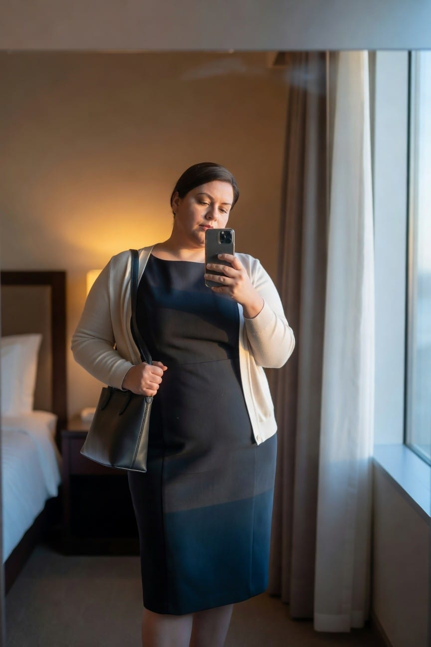 Plus-size woman taking a mirror selfie in a black gradient sheath dress layered with an open cream cardigan and black leather tote bag, in a modern hotel room setting