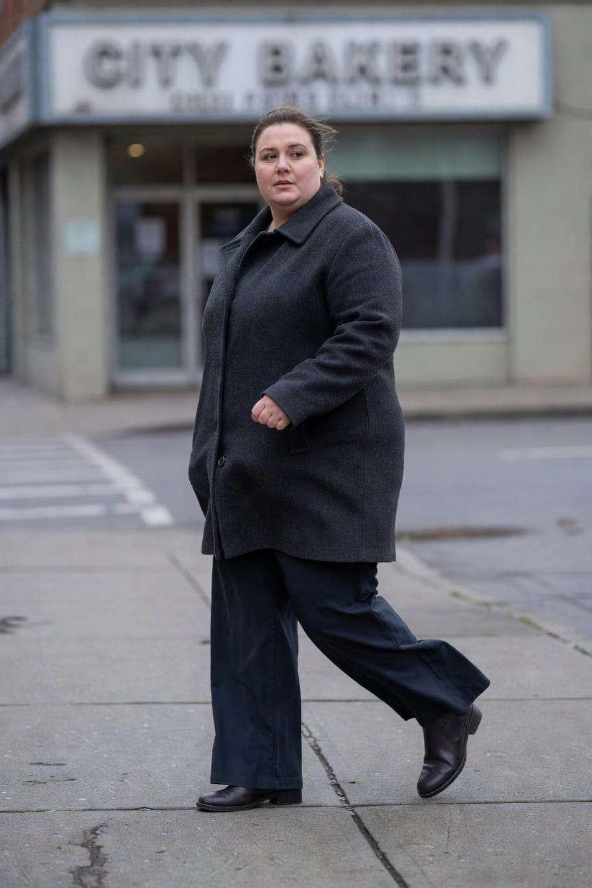 Plus-size woman walking confidently in a charcoal gray wool coat over navy wide-leg pants and black leather loafers on an urban sidewalk