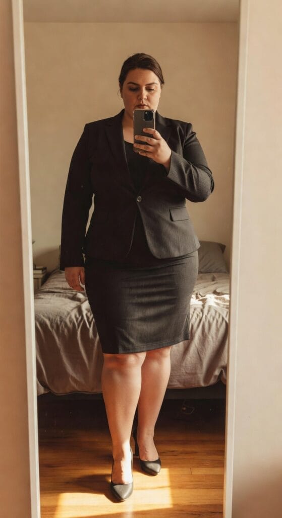 Plus-size woman in a gray pinstripe blazer, white blouse, navy pencil skirt, and black high heels, posing confidently in front of a bedroom mirror selfie