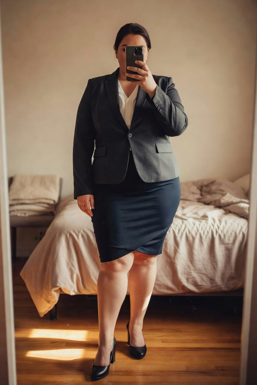 Plus-size woman in a gray pinstripe blazer, white blouse, navy pencil skirt, and black high heels, posing confidently in front of a bedroom mirror selfie