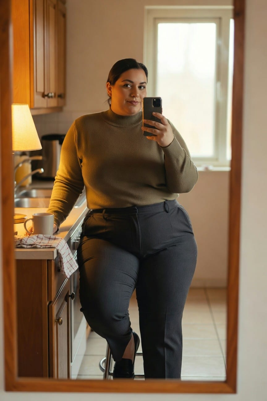 Plus-size woman with dark hair taking a mirror selfie in a kitchen, wearing an olive green long-sleeve turtleneck sweater, high-waisted gray trousers, black loafers, holding a white coffee mug, leaning against the counter.