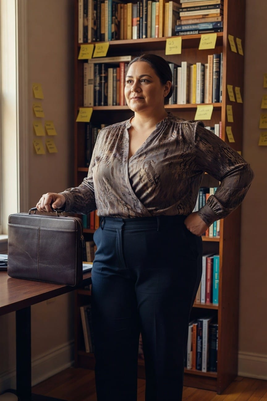 Plus-size woman standing confidently in a silky patterned wrap blouse tucked into navy trousers, holding a brown leather briefcase next to a wooden desk and bookshelves