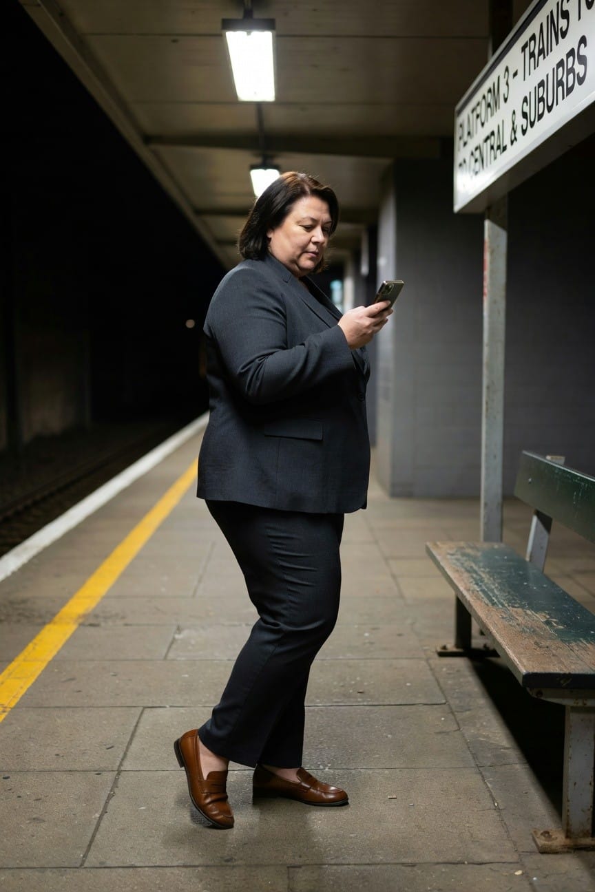Plus-size woman in a tailored dark grey suit jacket and matching wide-leg pants, brown leather loafers, standing on a train platform while checking her phone, professional and confident pose