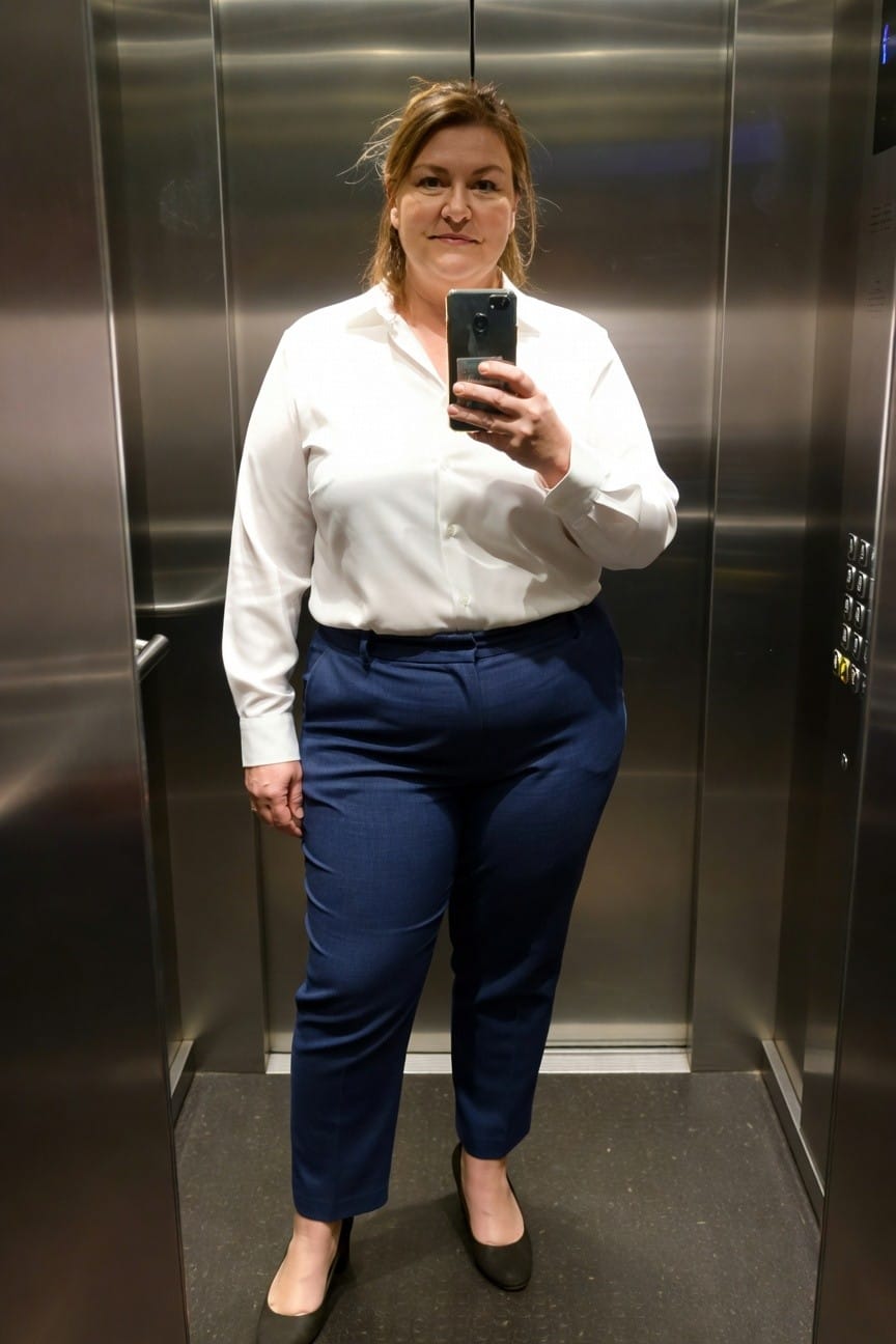 Plus-size woman smiling confidently in a white long-sleeve button-up blouse tucked into high-waisted navy tailored trousers and black ballet flats, taking a mirror selfie in an elevator