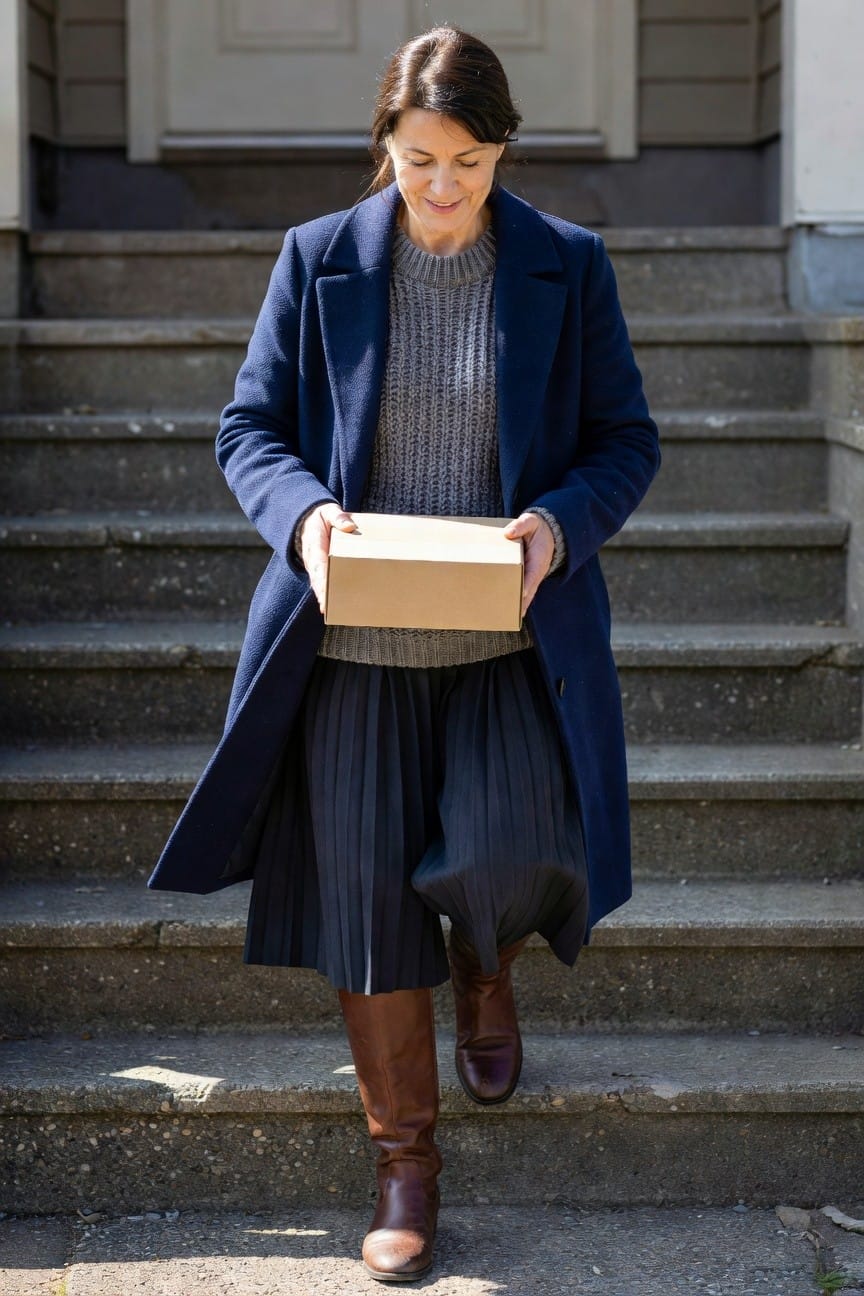 Middle-aged woman in navy wool coat over gray chunky knit sweater, navy pleated midi skirt, and brown knee-high boots, holding a cardboard box while ascending stone steps