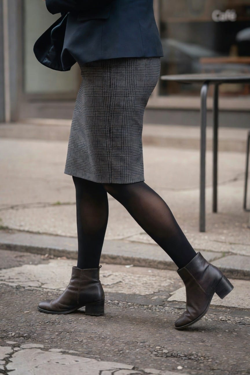 Woman in navy blazer, gray plaid pencil skirt, black sheer tights, and brown leather ankle boots walking on pavement near a cafe exterior