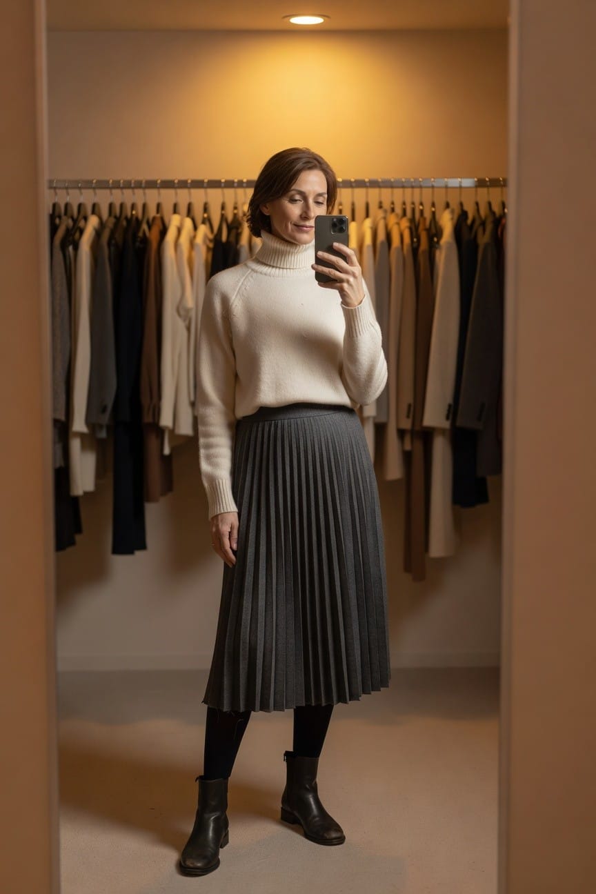 Woman over 50 in cream knit turtleneck sweater, charcoal gray pleated midi skirt, black opaque tights, and black leather ankle boots, smiling at selfie in walk-in closet lined with hanging clothes