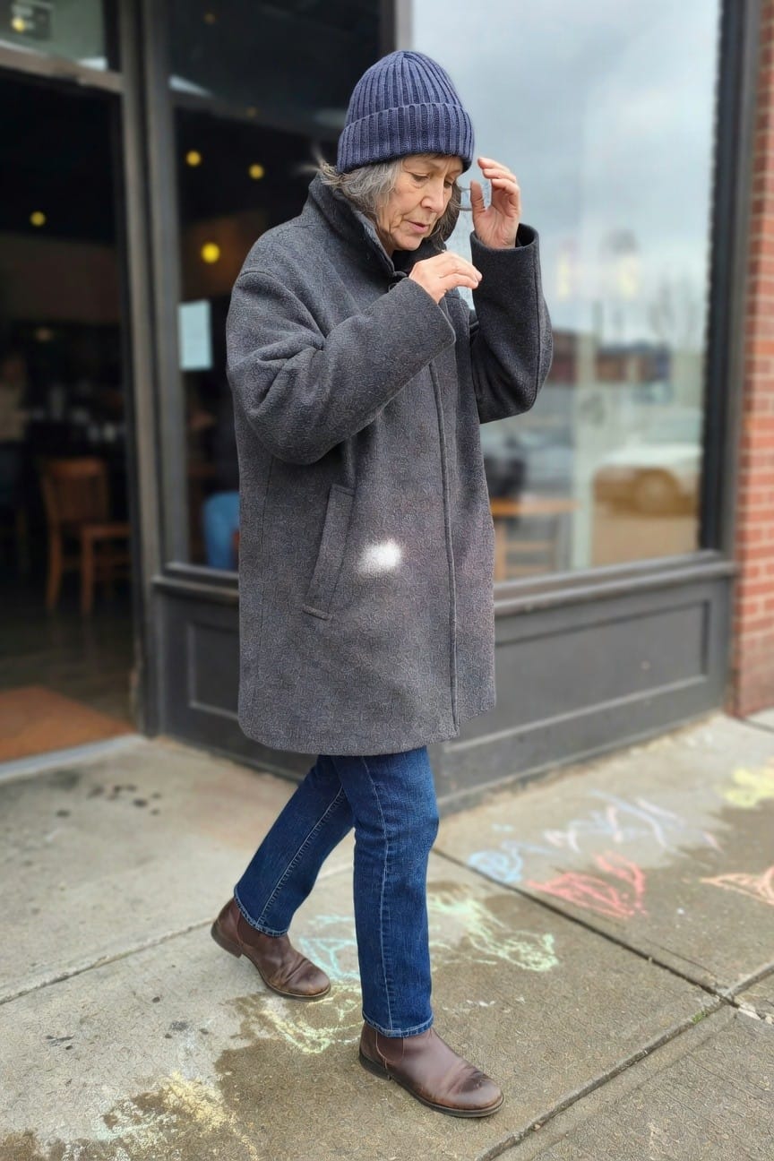 Older woman in a long gray wool coat over blue straight-leg jeans and brown leather ankle boots, wearing a navy knit beanie, standing on a sidewalk outside a cafe window