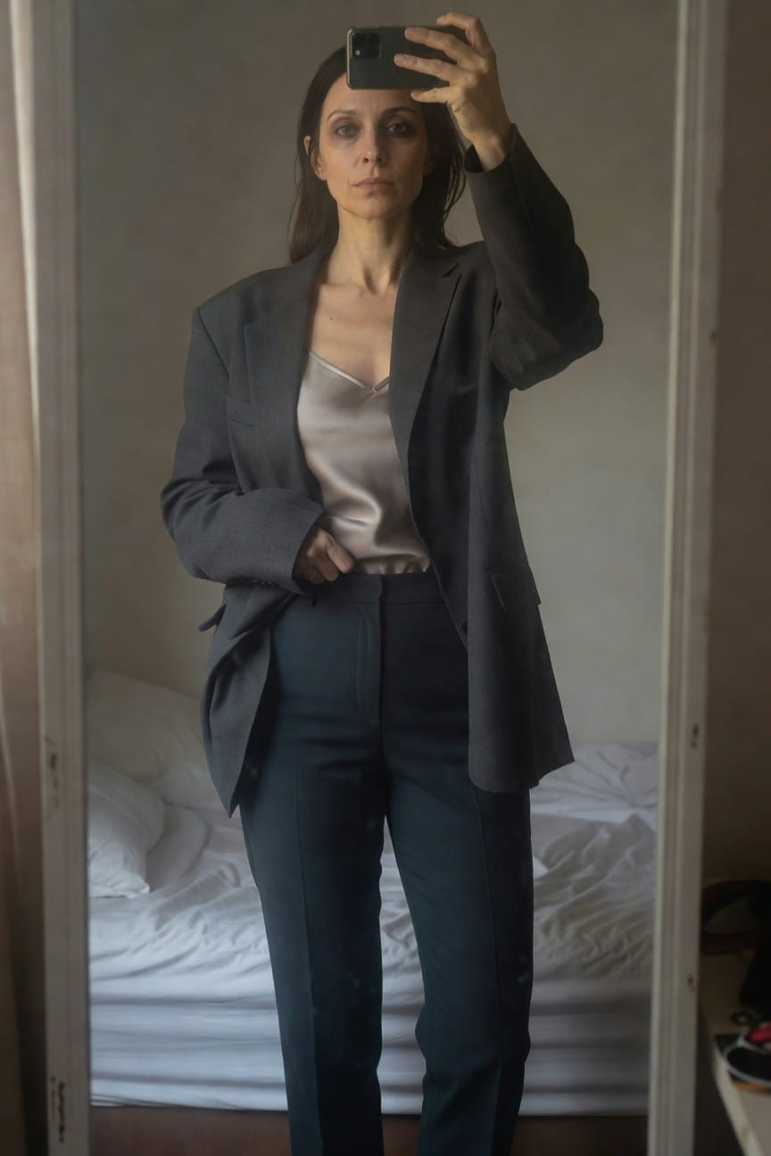 Woman taking a mirror selfie in an oversized open gray blazer over a pale silk blouse and high-waisted navy trousers, standing in a bedroom with white bed in background