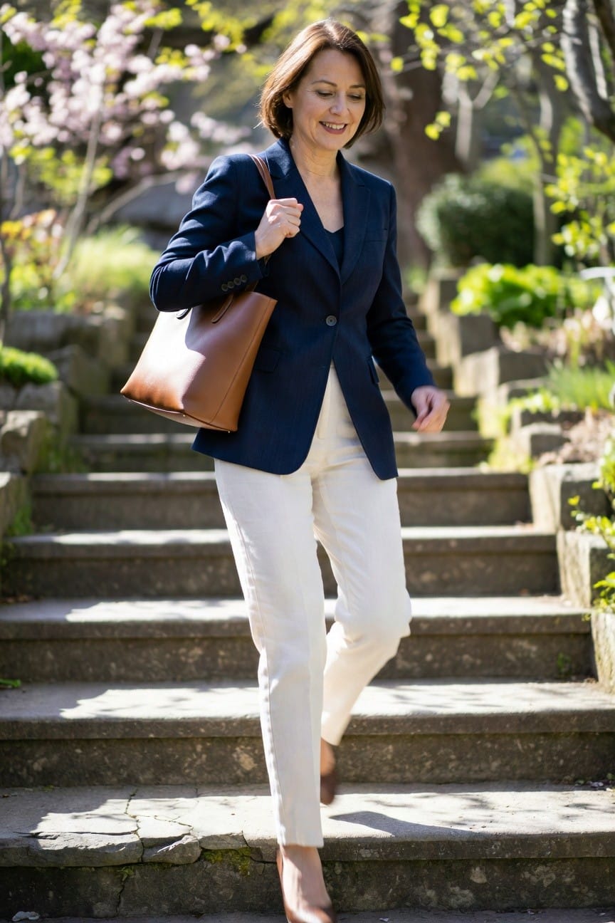 Woman in tailored navy blazer over v-neck top, white straight-leg pants, tan leather tote bag, and nude low heels, walking up steps