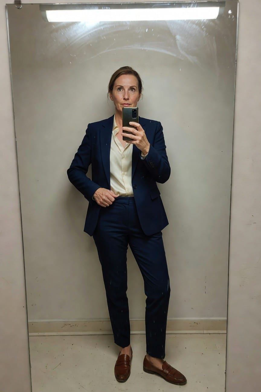 Woman taking mirror selfie in navy tailored blazer and trousers suit with cream blouse and brown penny loafers in fitting room