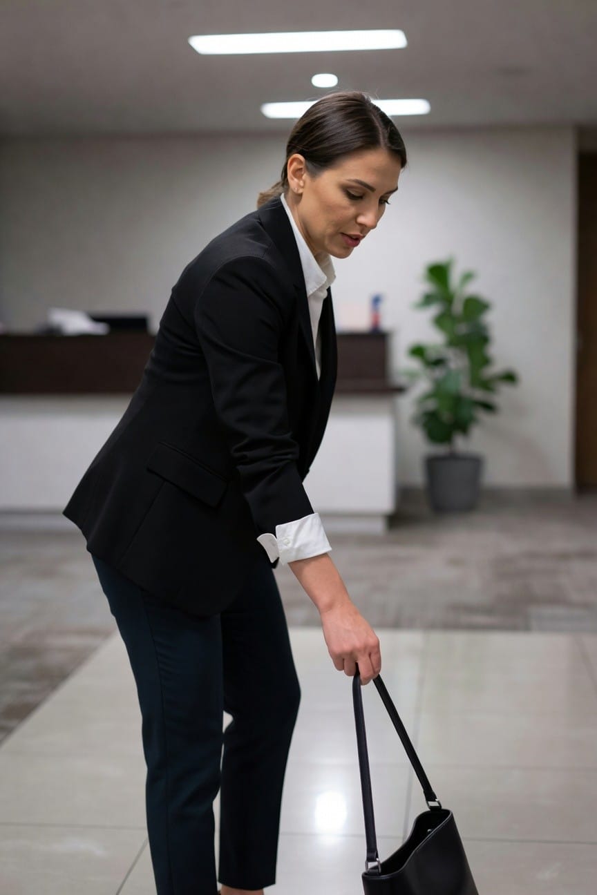 Side view of a woman in a sleek black blazer over a white collared shirt and slim black ankle pants, bending to pick up a black leather handbag in an office reception area