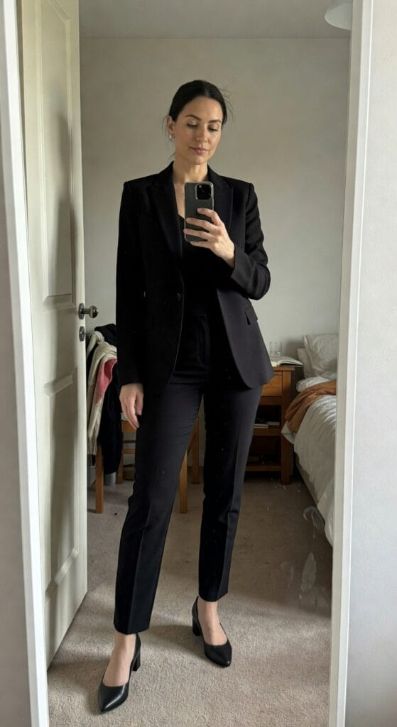Woman taking a mirror selfie in a tailored all-black work outfit consisting of a single-breasted black blazer over a black shell top, matching straight-leg black trousers, and black pointed heels, standing in a bedroom with bed and bookshelves in the background