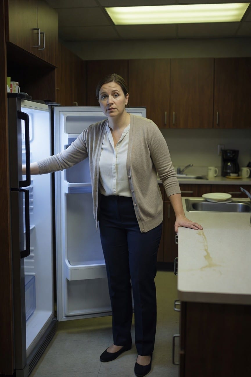Woman in beige open cardigan over white blouse, navy trousers, and black flats, standing by open fridge in office kitchen with hand on counter