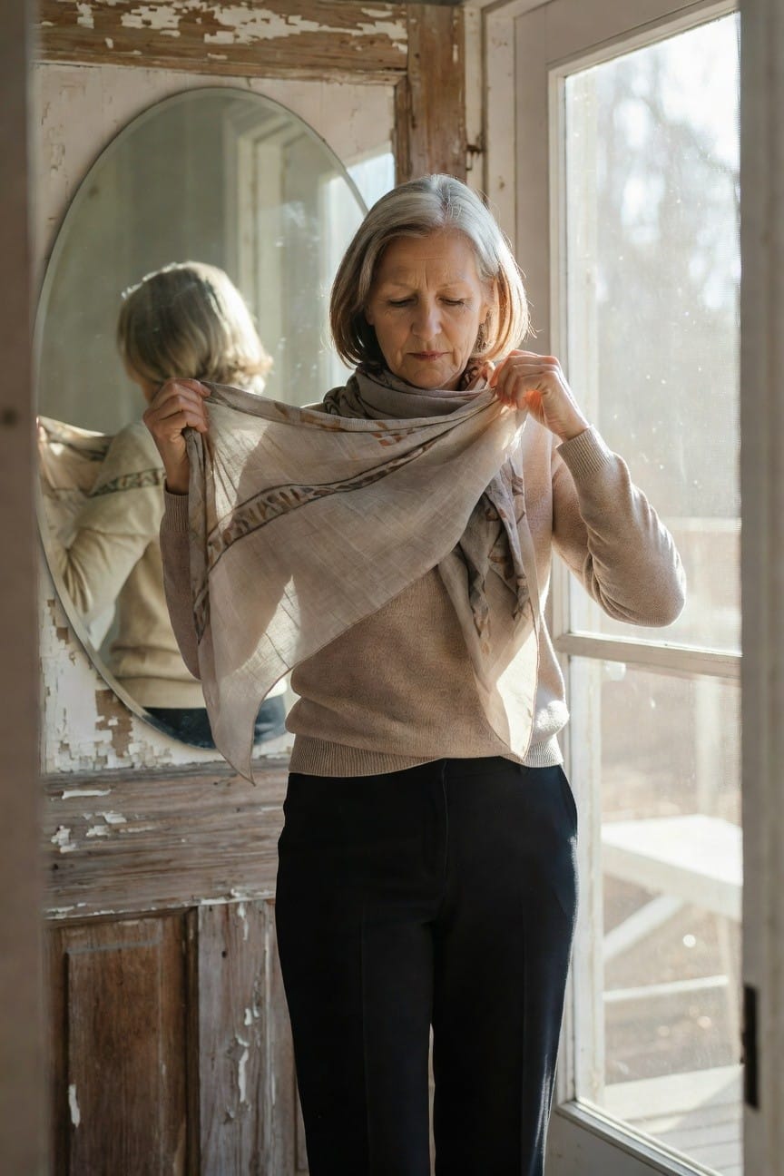 Mature woman with silver bob haircut standing in front of oval mirror, wearing camel beige sweater, black tailored trousers, and tying a light beige patterned silk scarf around her neck, reflection visible, rustic wooden interior