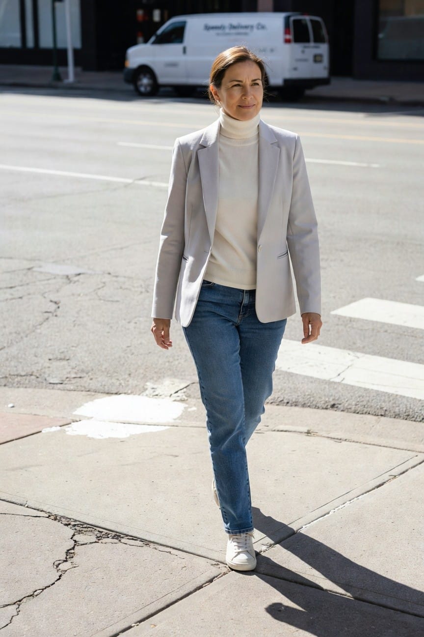 Woman walking in light gray tailored blazer over white turtleneck, blue straight-leg jeans, and white sneakers, hands at sides