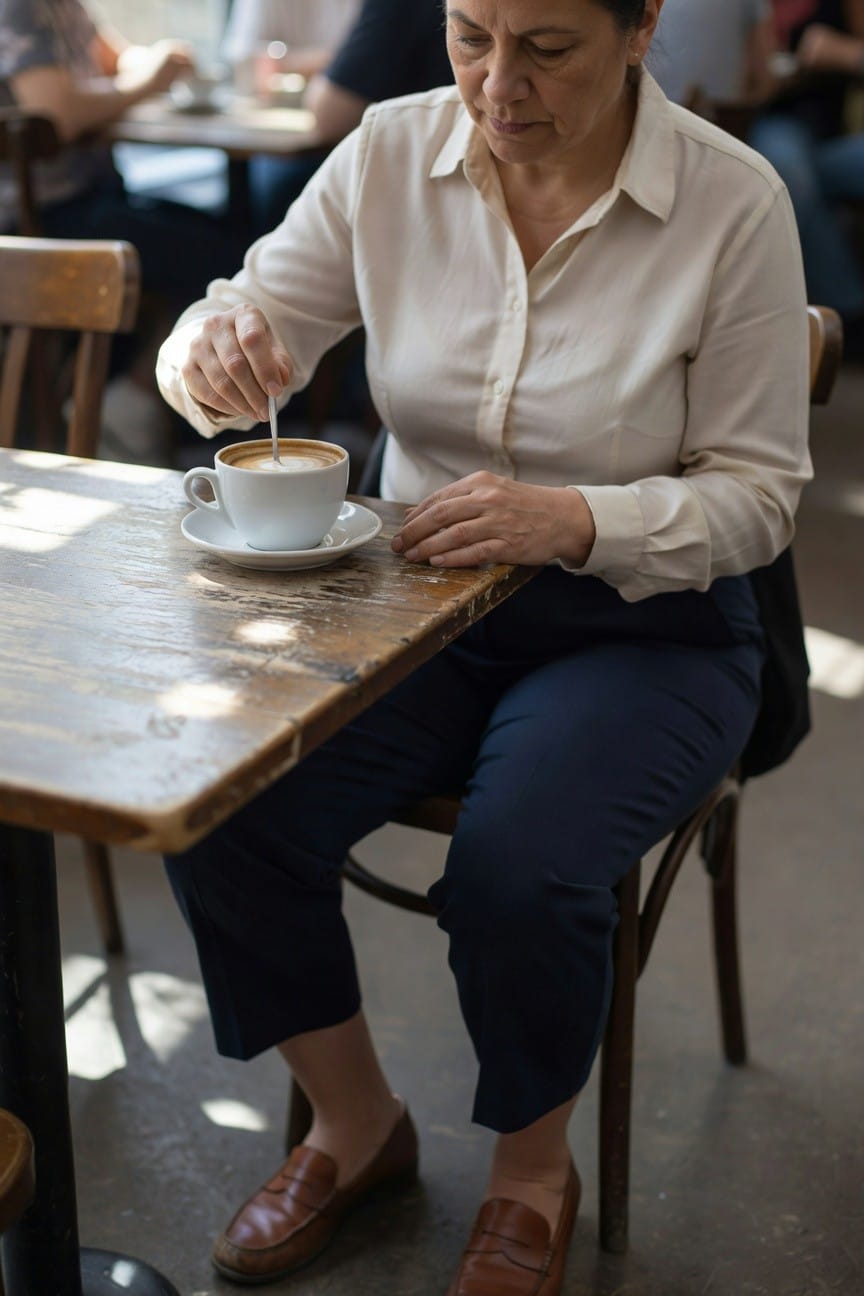 Mature woman in cream long-sleeve button-up blouse, navy cropped pants, and brown leather loafers, seated at a cafe table holding a spoon over a latte cup