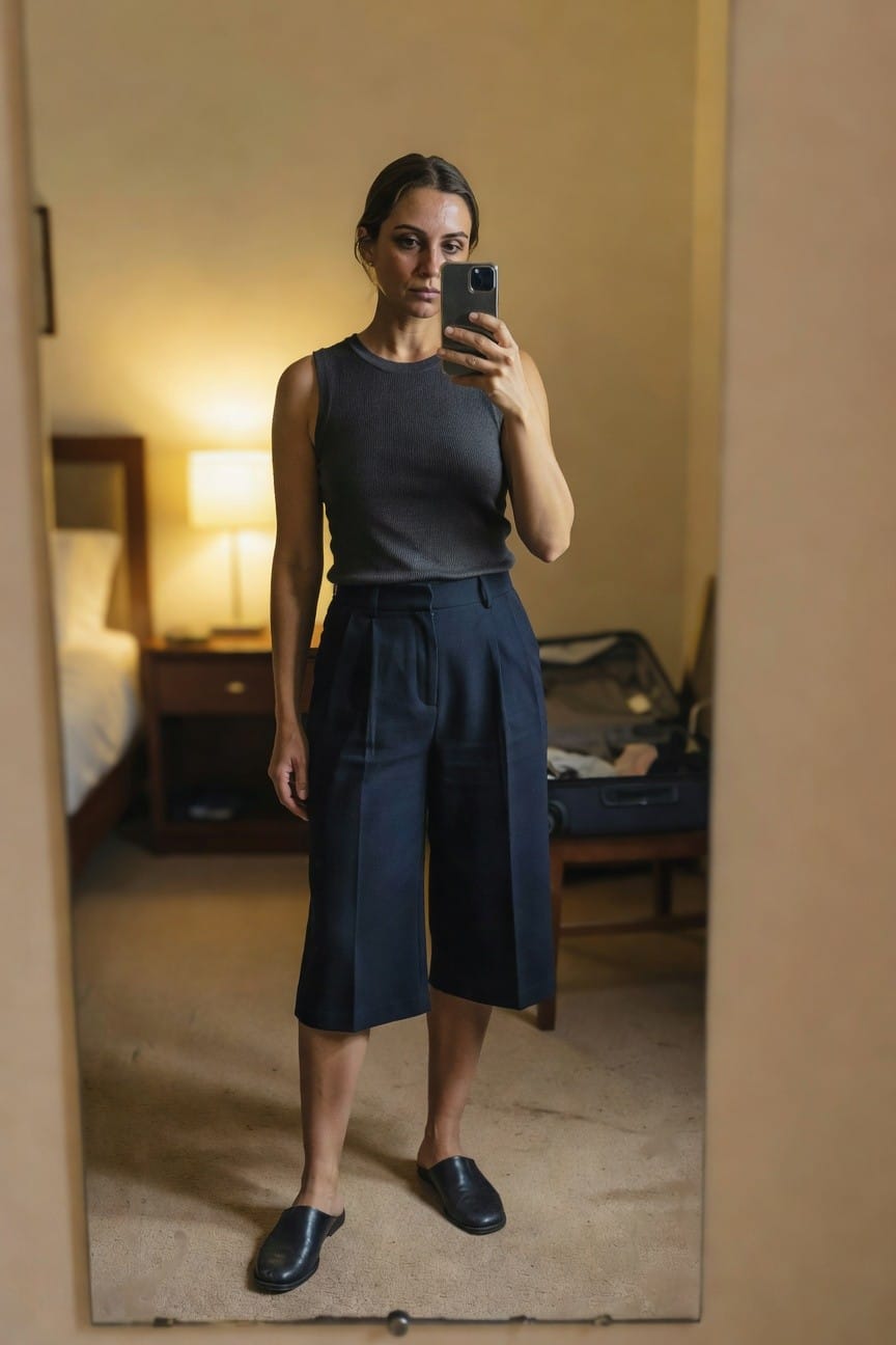 Woman taking mirror selfie in gray sleeveless ribbed knit tank top, navy blue wide-leg pleated mid-calf pants, and black leather slide mules, standing in beige hotel room with bed and suitcase in background