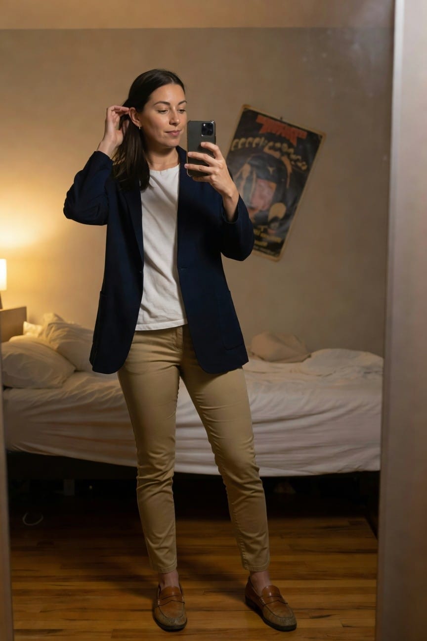 Woman taking a mirror selfie in a navy blazer over white t-shirt, khaki pants, and brown loafers, standing in a bedroom with bed and poster in background