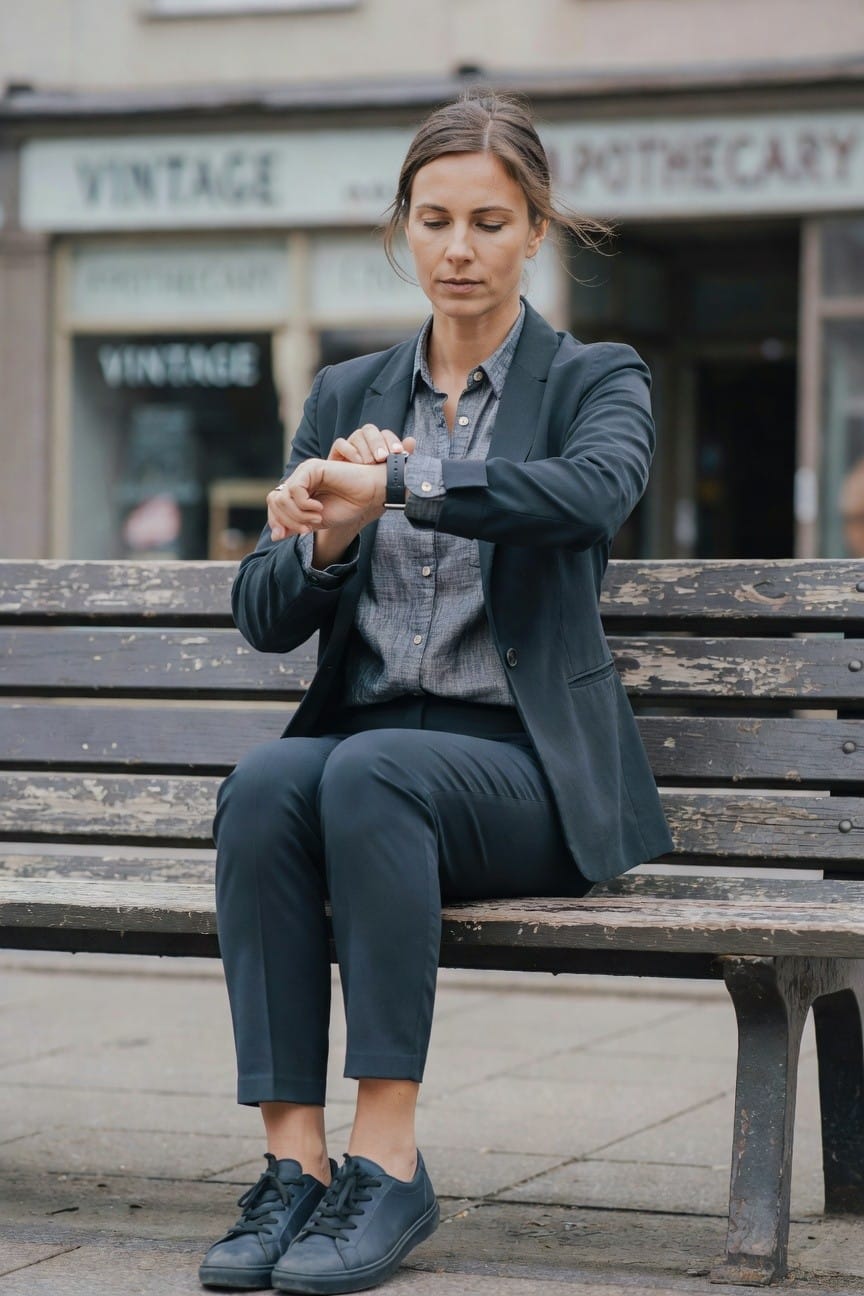 Woman sitting on a wooden bench checking her watch, wearing a navy blazer over a chambray button-up shirt, matching navy trousers, and black leather sneakers, with a vintage apothecary shop in the blurred background