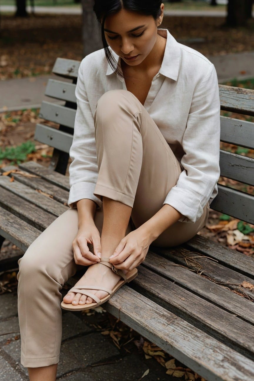 Woman with dark hair in a bun sitting on a wooden park bench, fastening the ankle strap on her nude strappy flat sandals while dressed in a loose white linen button-up shirt with rolled sleeves and cropped beige straight-leg trousers