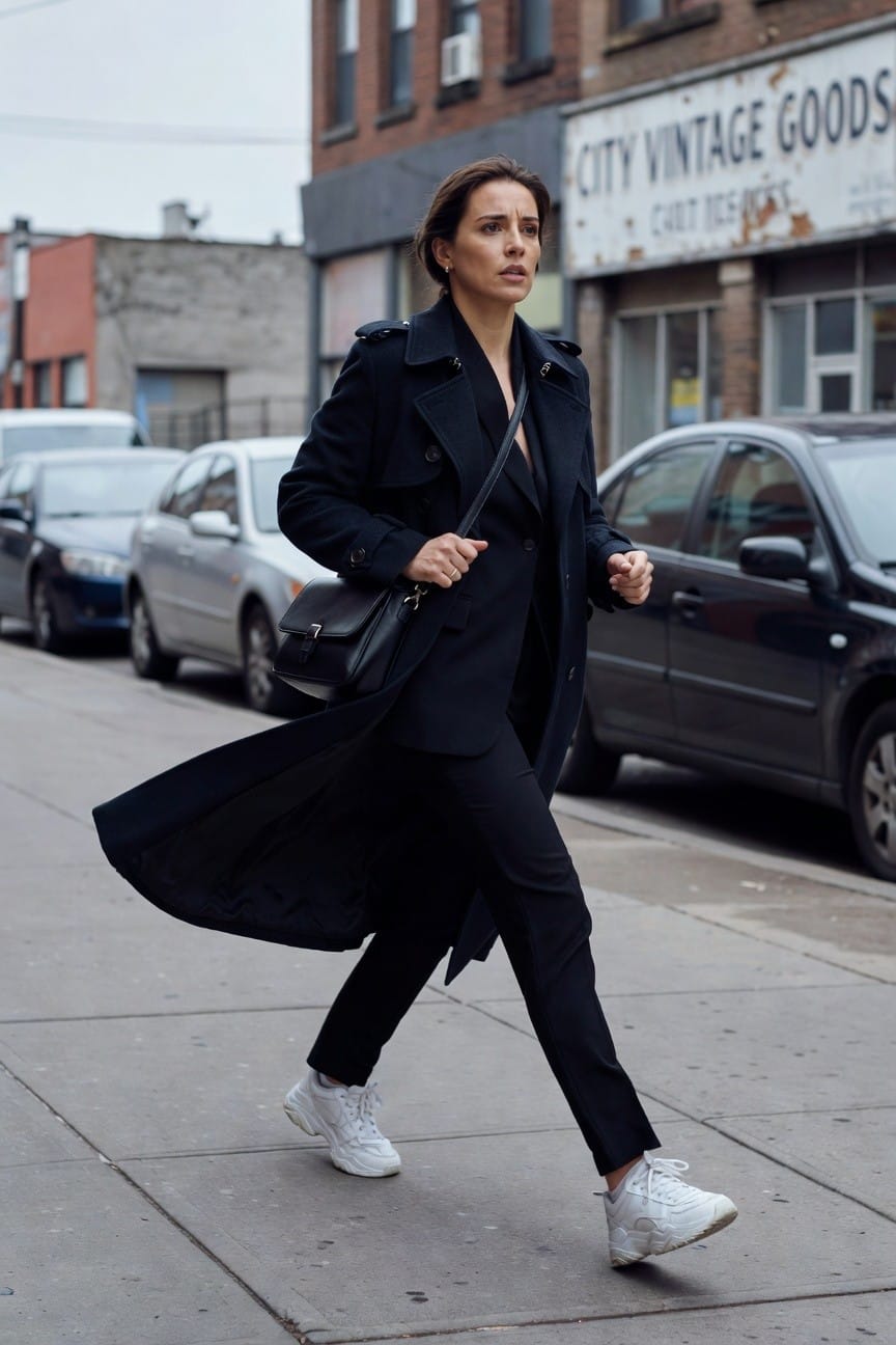 Woman walking in long open black trench coat over black tailored blazer and straight-leg pants, small black crossbody bag, white chunky sneakers, urban street background