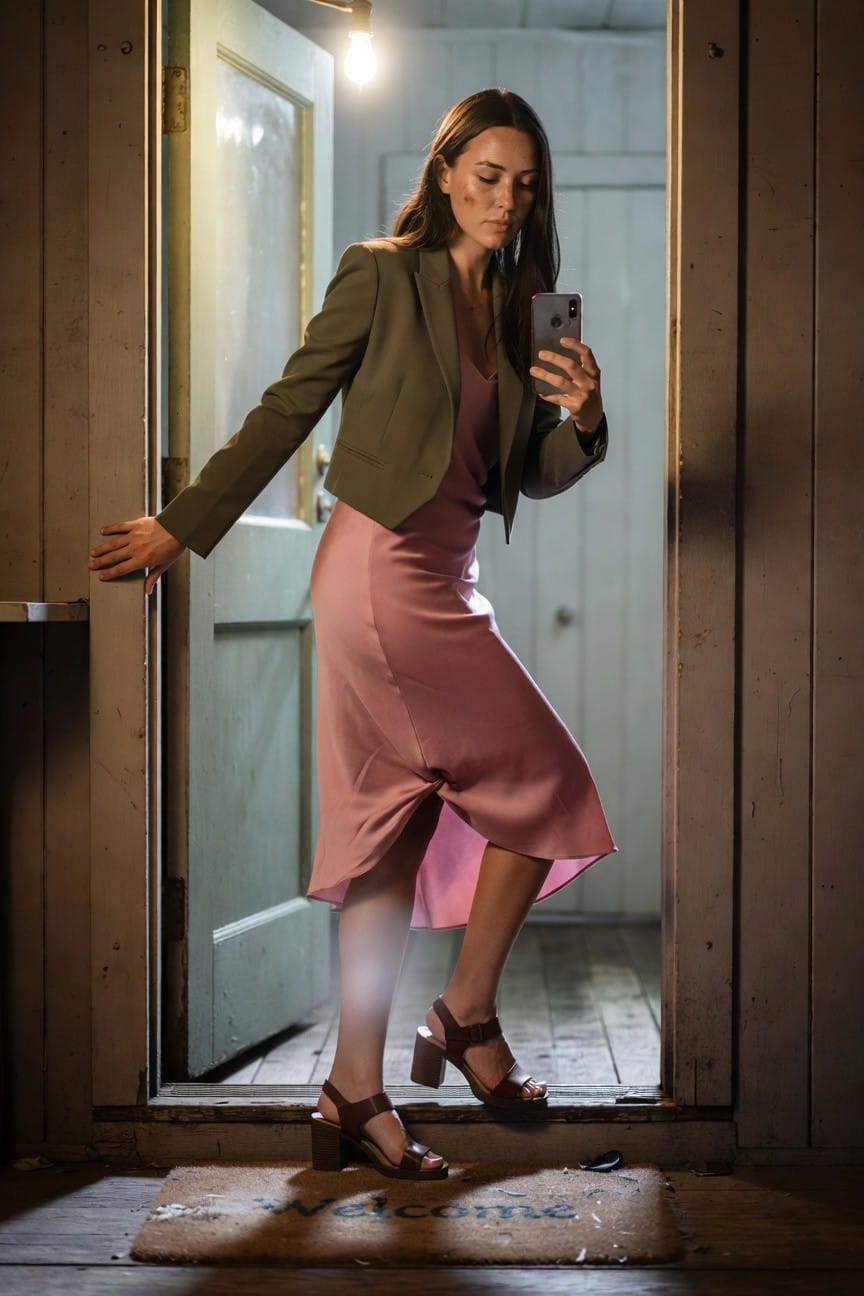 Woman in olive green tailored blazer over pink satin midi slip dress with side slit, tan strapped high-heeled sandals, taking selfie while stepping through doorway