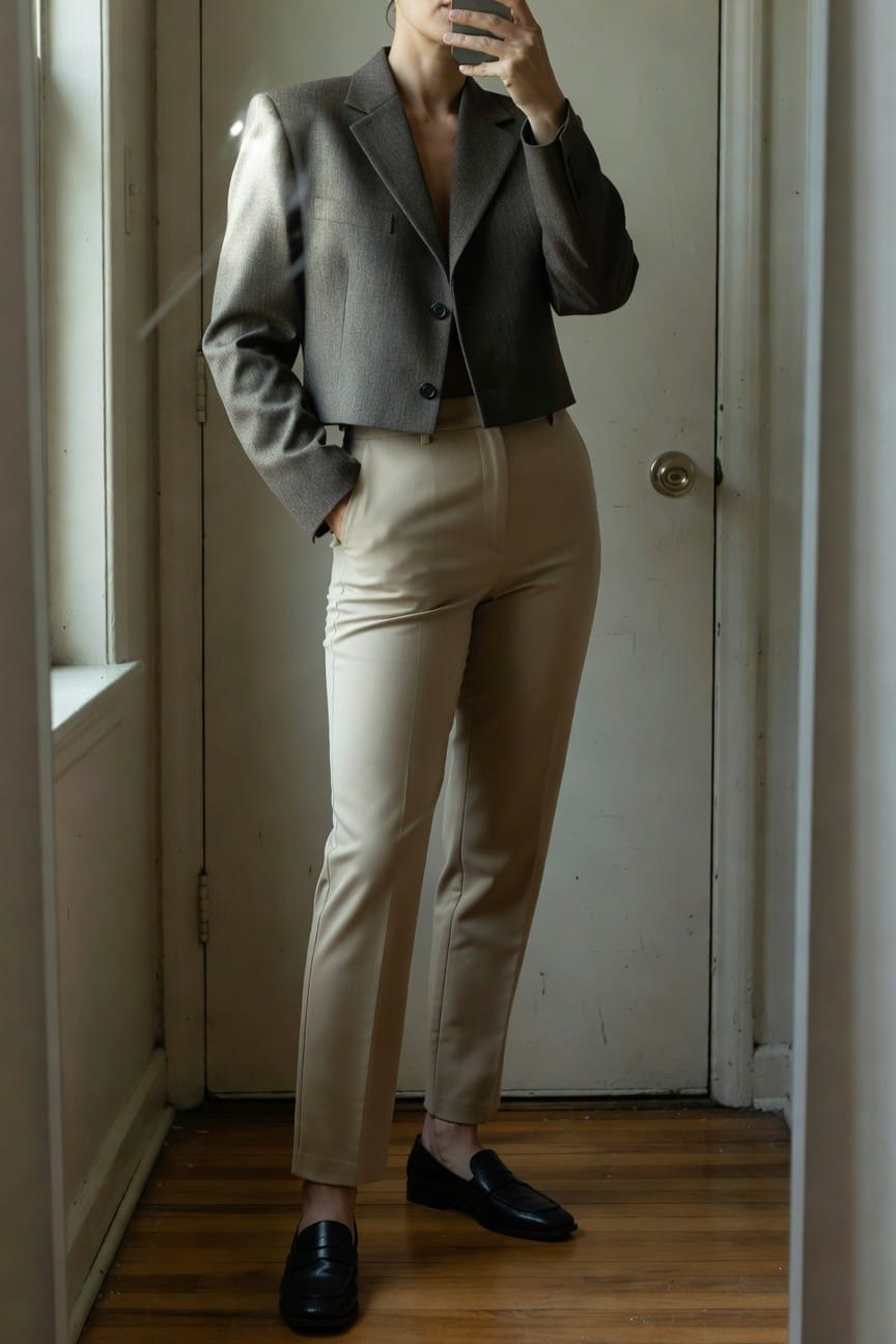 Woman taking mirror selfie in cropped gray blazer over bare skin, high-waisted beige trousers with hands in pockets, and black loafers on wooden floor inside doorway