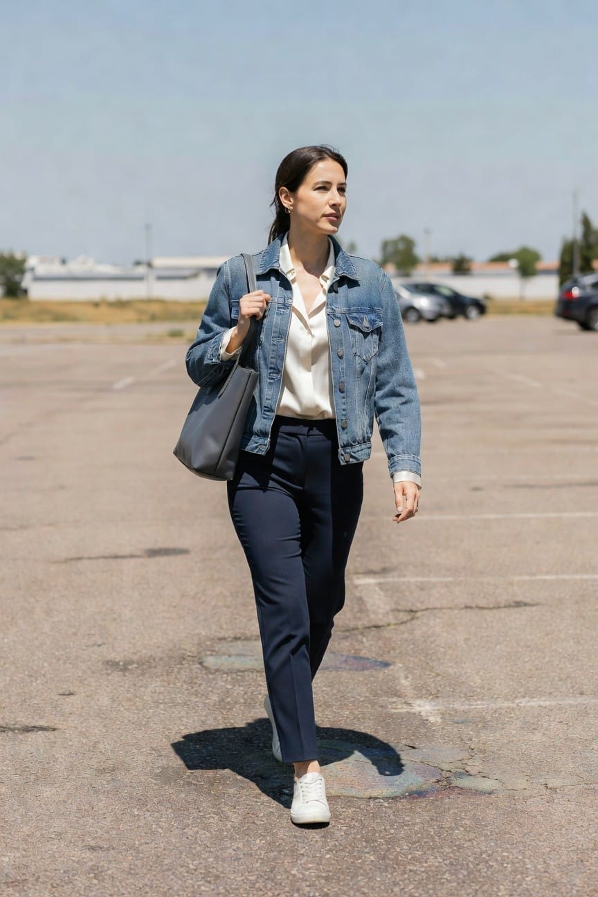 Woman in light wash denim jacket over white silk blouse, slim navy trousers, white sneakers, and gray tote bag, walking in a parking lot