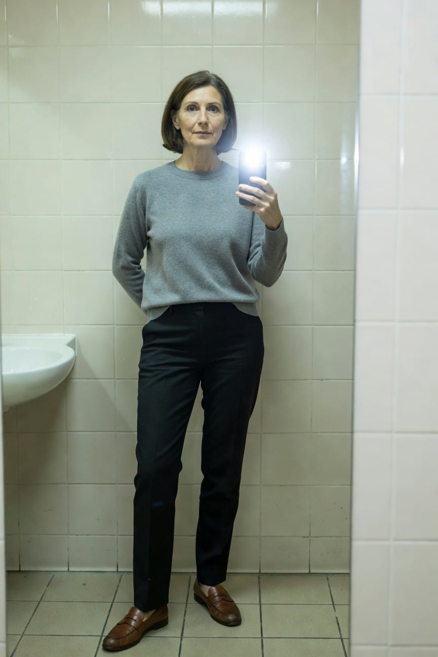 Woman in fitted gray crewneck sweater, tailored black trousers, and brown leather loafers, hands in pockets, taking mirror selfie in tiled bathroom with sink nearby