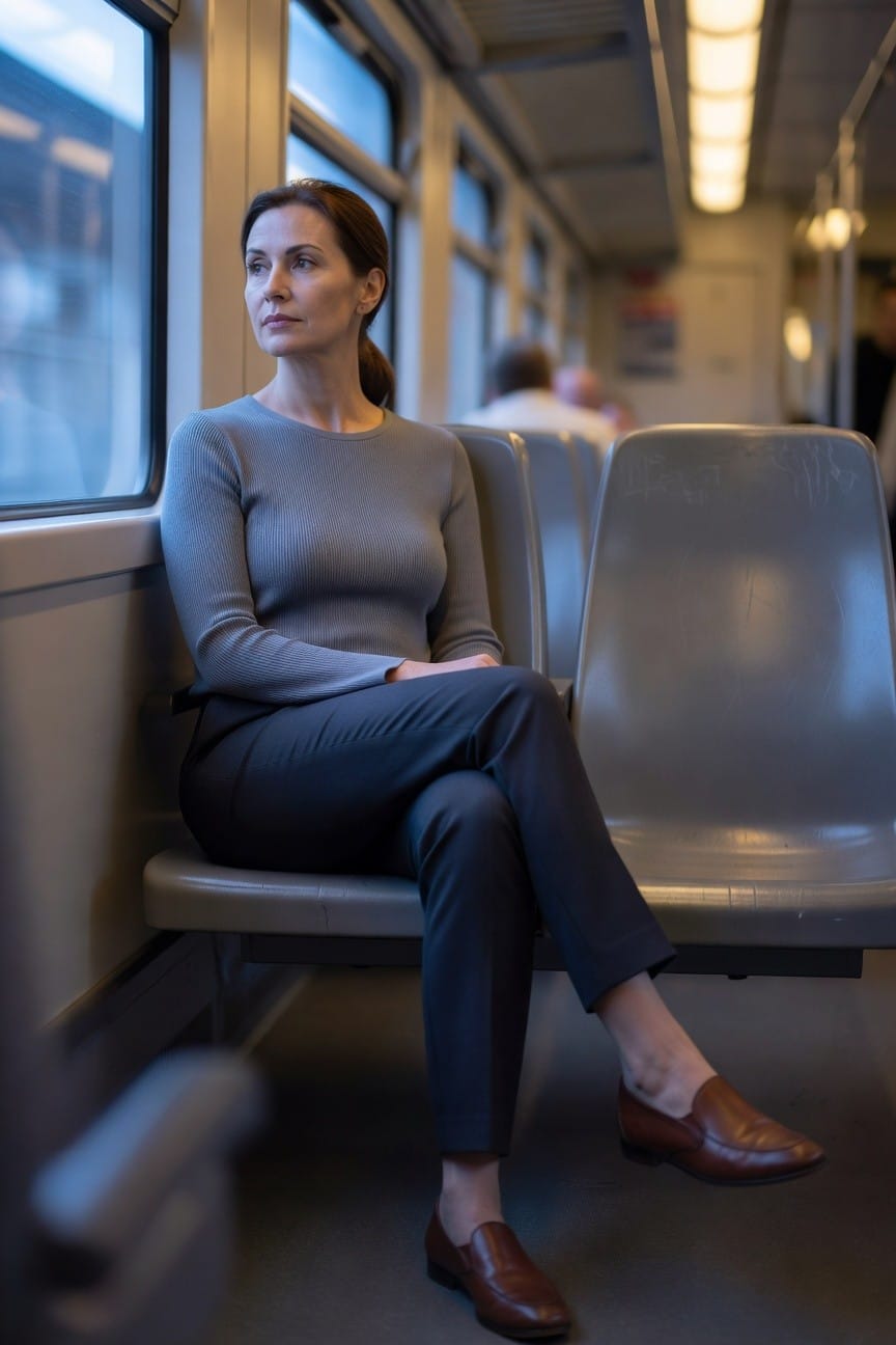 Woman in fitted grey ribbed knit sweater, slim black trousers, and brown leather loafers, seated with legs crossed
