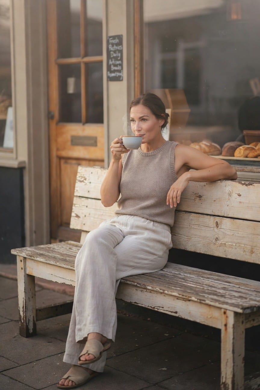 Woman in beige sleeveless knit tank top and wide-leg light linen pants, sitting sideways on wooden bench with one arm propped, holding white coffee mug, wearing tan strappy flat sandals, hair in loose bun