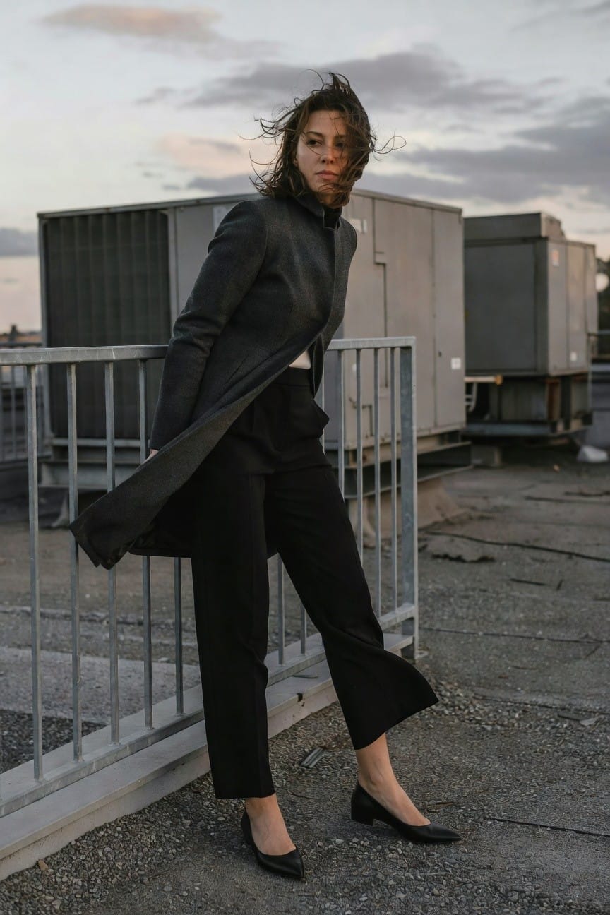 Woman in open long charcoal gray coat over black flared-leg trousers and black pointy flats, leaning against metal railing with windblown hair