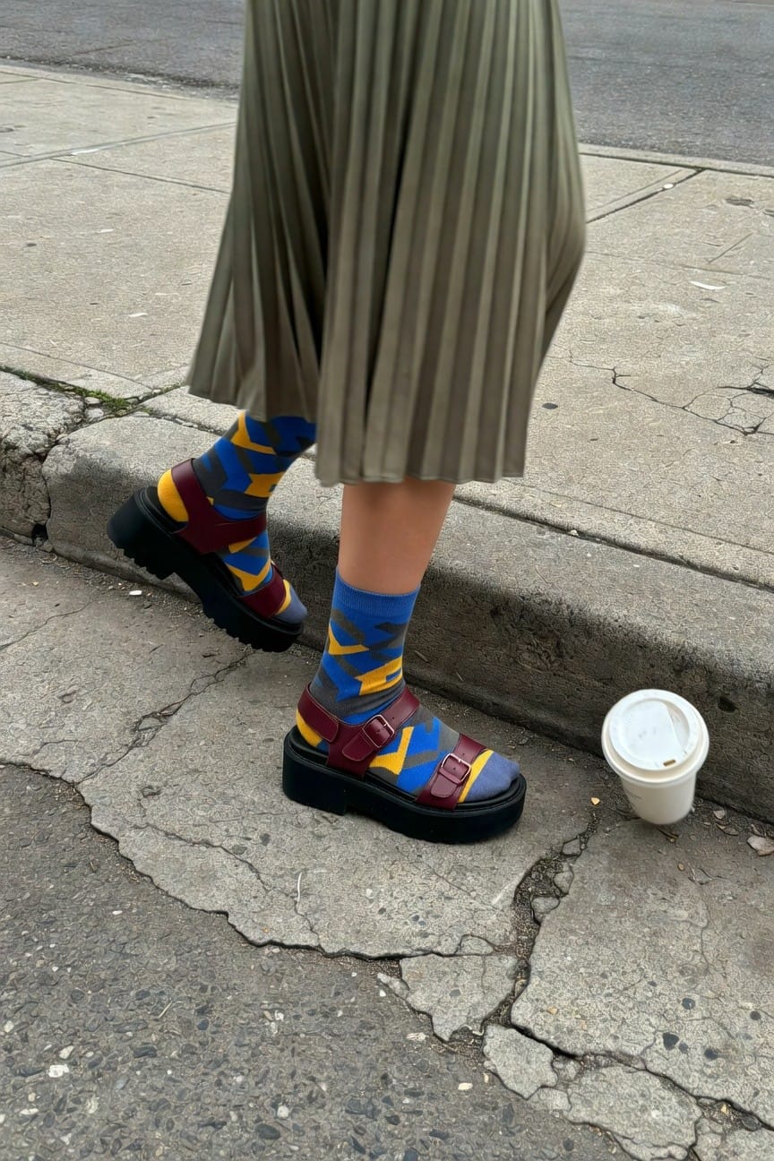 Close-up of woman's lower legs and feet on cracked sidewalk, wearing olive green pleated midi skirt, multicolored geometric patterned socks in blue yellow gray and maroon, maroon strappy platform sandals with black chunky soles, white coffee cup nearby