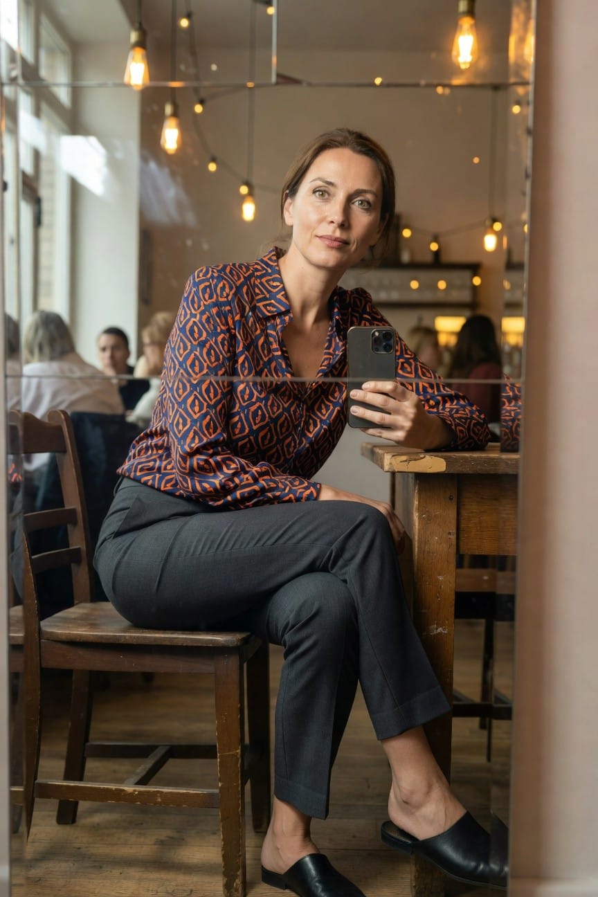 Woman in navy blouse with bold orange geometric print, slim charcoal trousers, and black leather mule shoes, sitting at wooden table holding smartphone in cafe setting