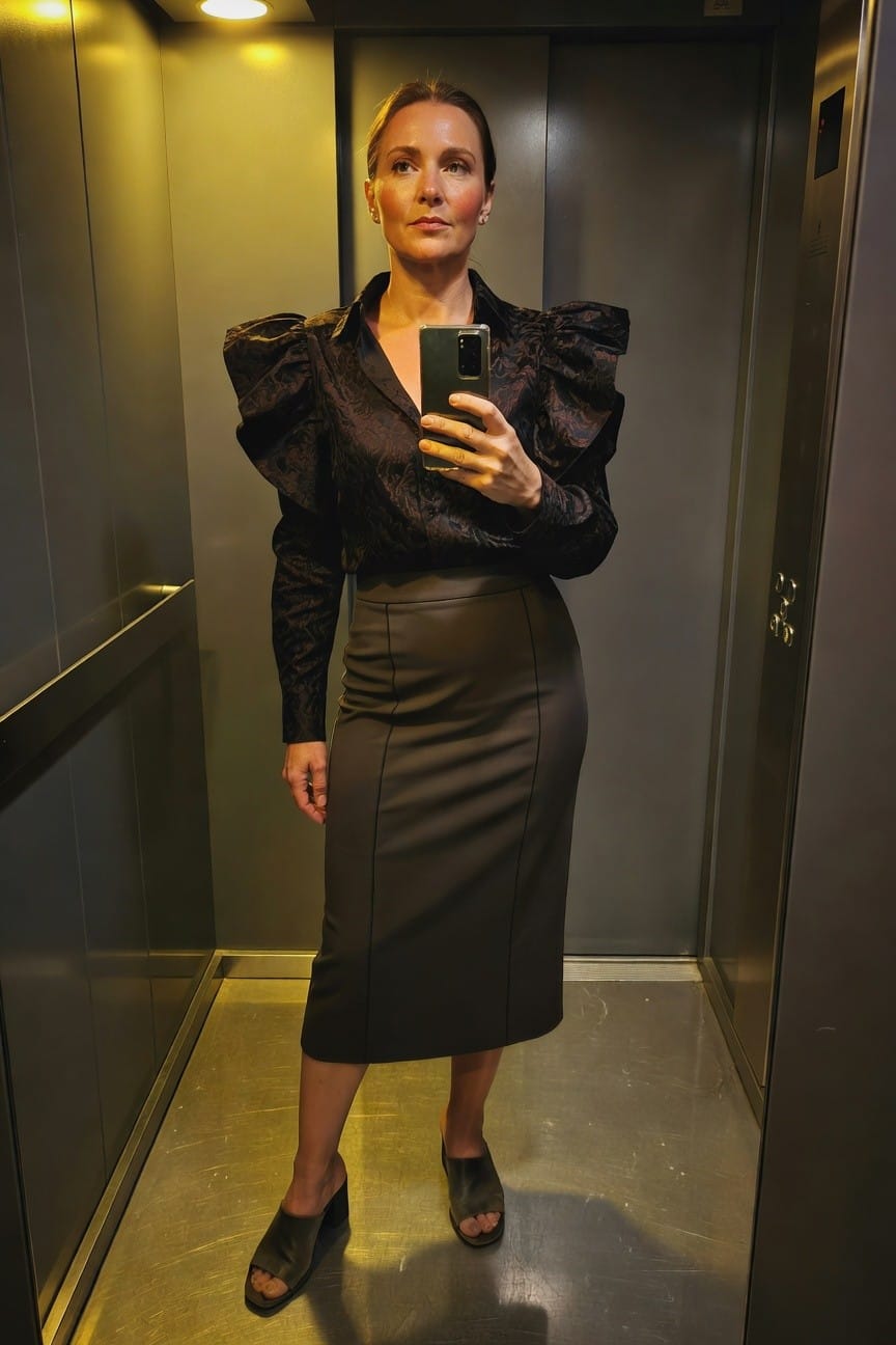 Woman in elevator selfie wearing black brocade puffed sleeve blouse, charcoal leather pencil skirt, and tan open-toe block heel mules, holding phone.