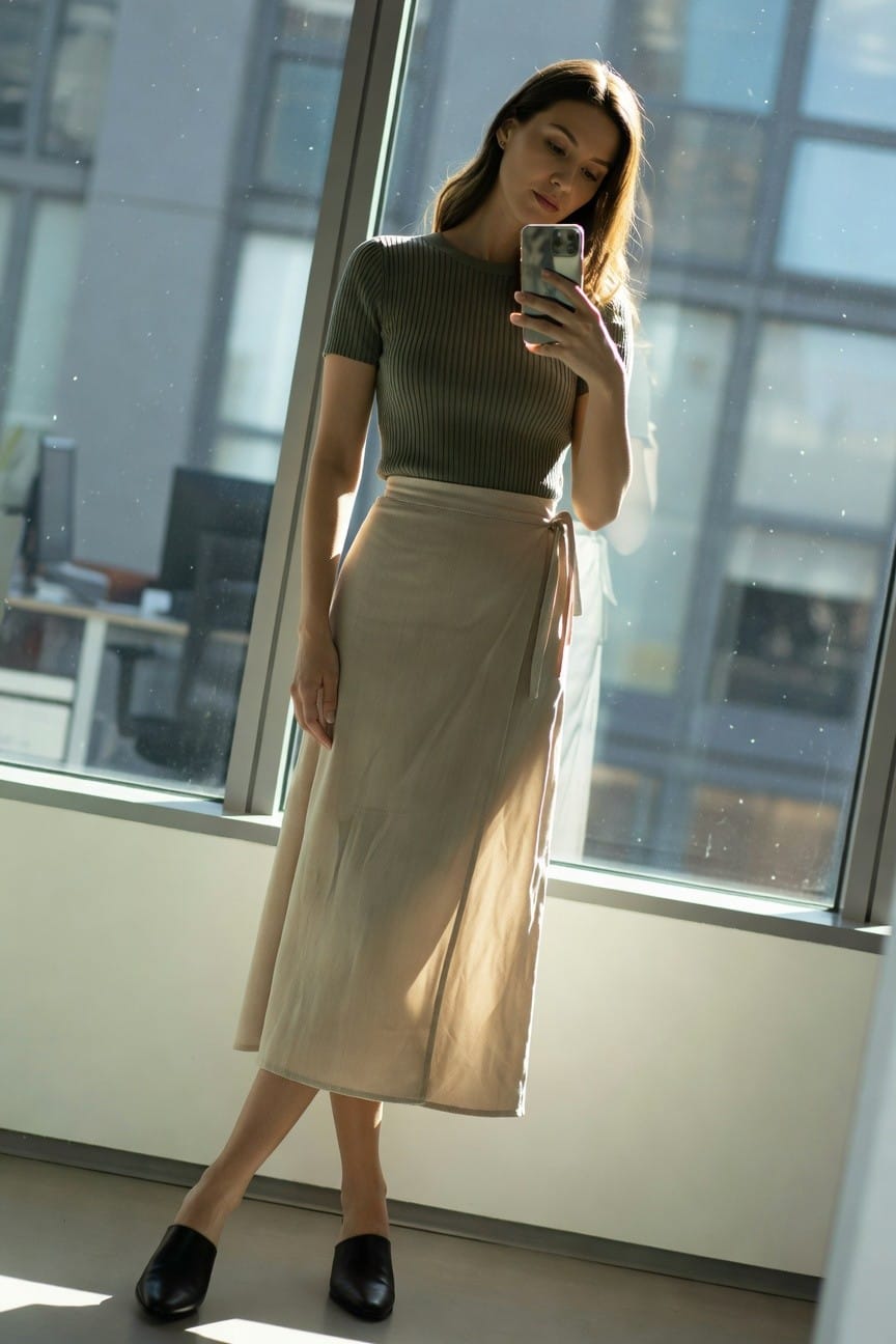 Woman taking a mirror selfie in an office, wearing a fitted olive green ribbed short-sleeve knit top, pale beige wrap midi skirt tied at the waist, and black leather low-heel mules, standing by large windows.