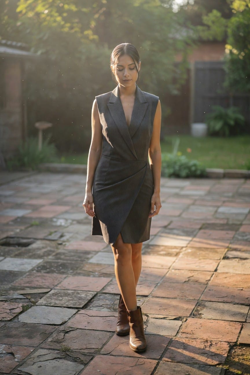 Side view of a woman walking in a sleeveless gray pinstripe wrap dress with blazer lapels, mid-thigh length, paired with brown leather ankle boots on a stone patio