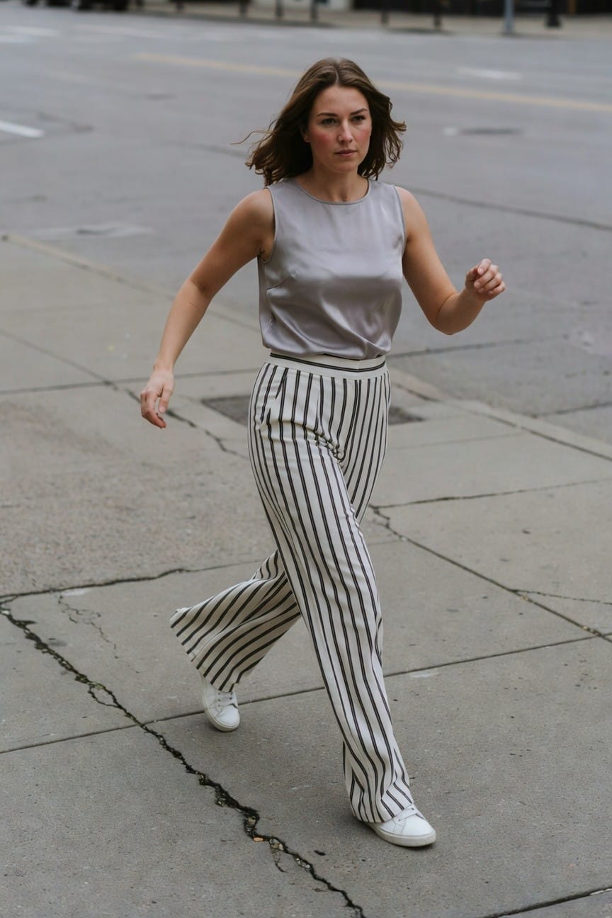 Woman power-walking on urban sidewalk in gray sleeveless silk top, cream-and-dark striped wide-leg trousers, and white sneakers, hair blowing in motion