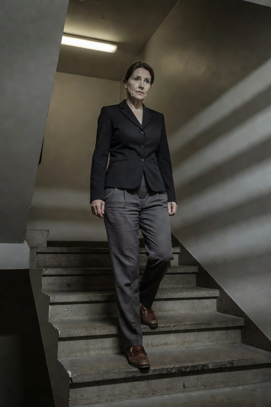 Mature woman in fitted black single-breasted blazer, gray pleated wide-leg trousers, and brown leather loafers, standing on concrete stairs in an industrial stairwell
