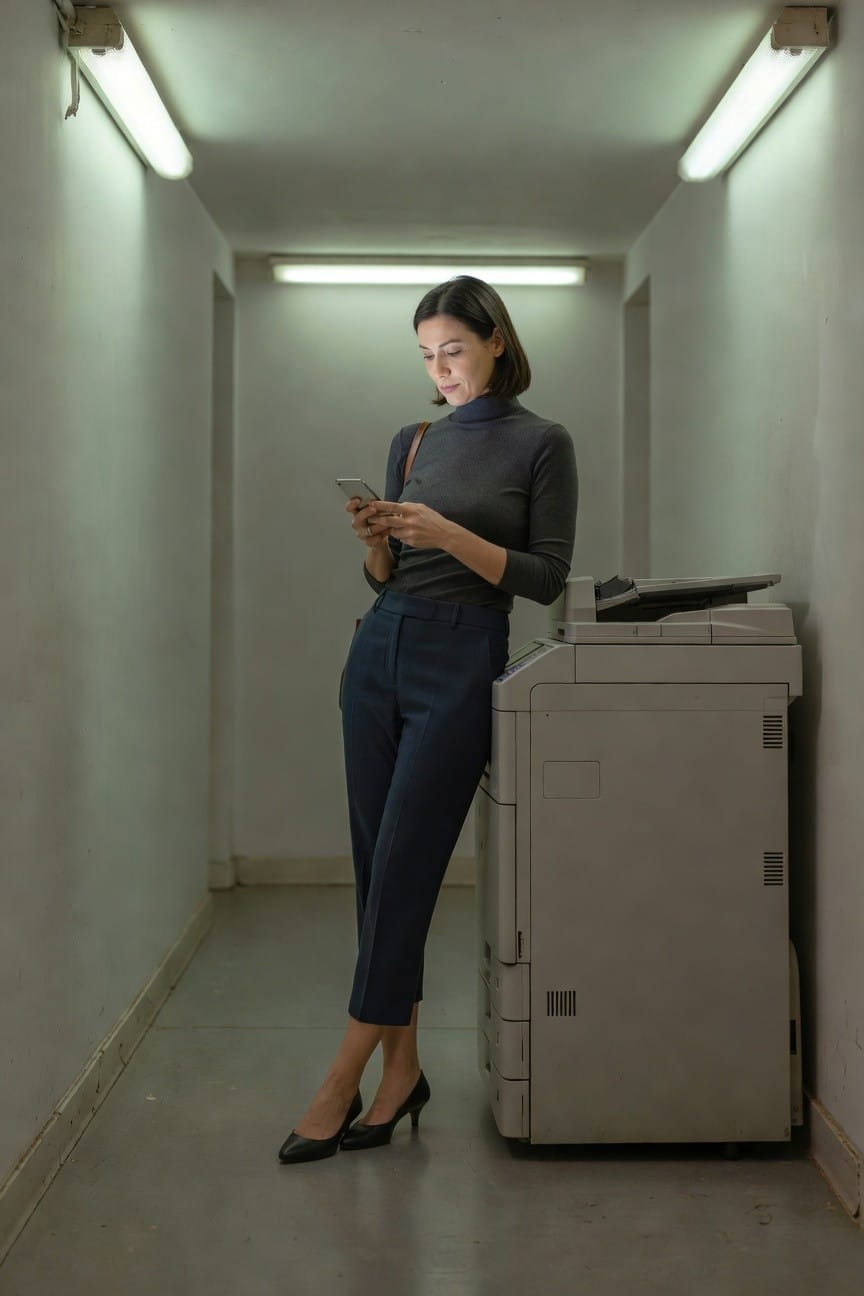 Woman in grey long-sleeve turtleneck sweater, navy cropped tailored pants, black pointed kitten heels, and slim brown crossbody bag, standing by office copier while checking phone