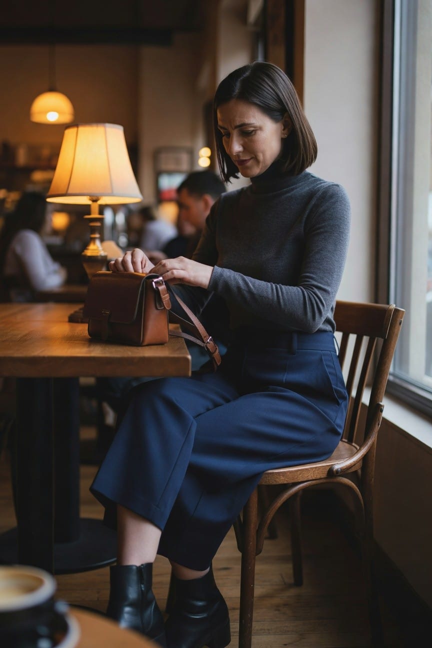 Woman seated wearing fitted gray turtleneck sweater, wide-leg navy trousers, brown leather crossbody bag, and black heeled ankle boots, hands adjusting bag strap on wooden table with coffee cup nearby