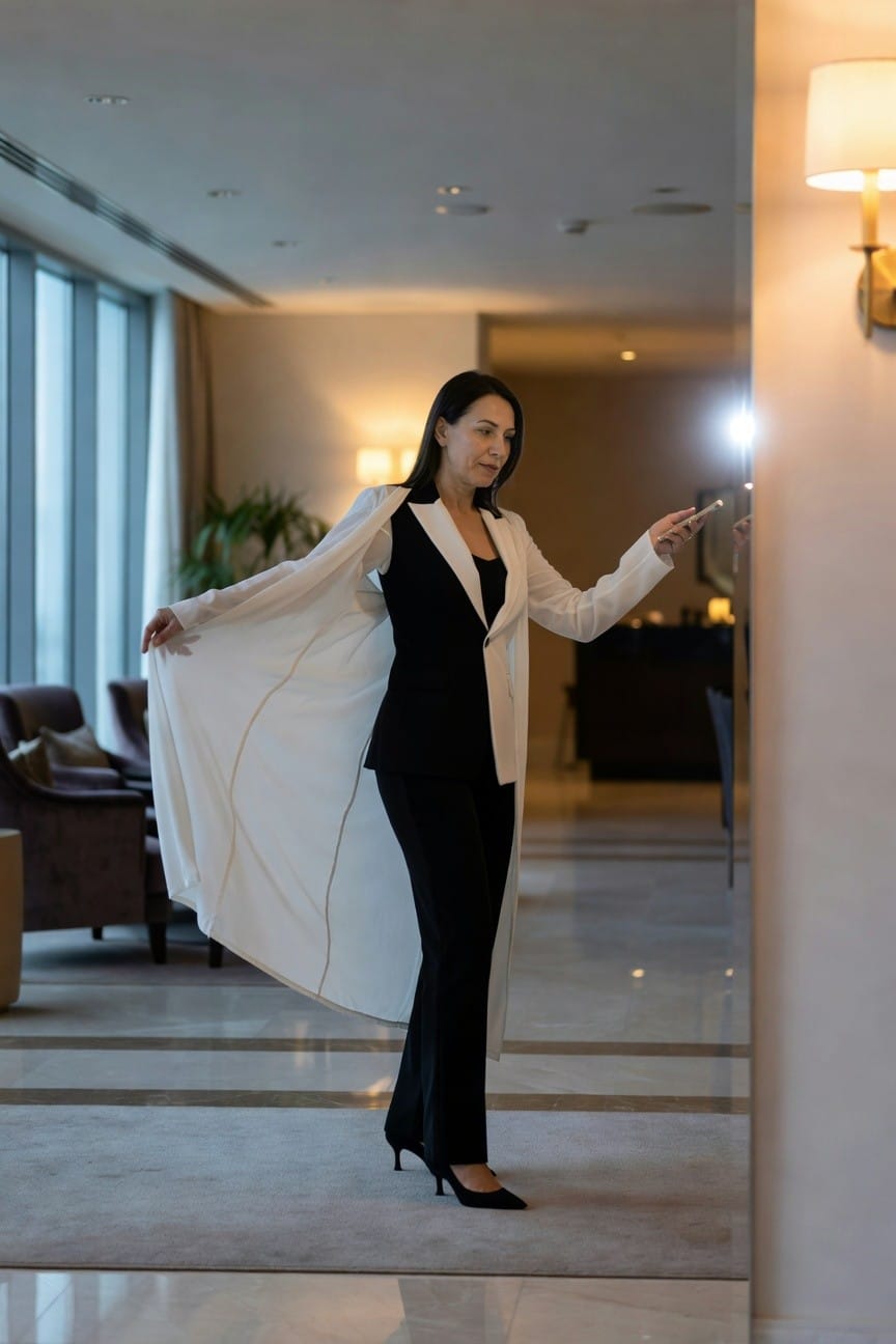 Woman in tailored black pantsuit layered with open white cape blazer, black high heels, posing in elegant hotel lobby near mirror