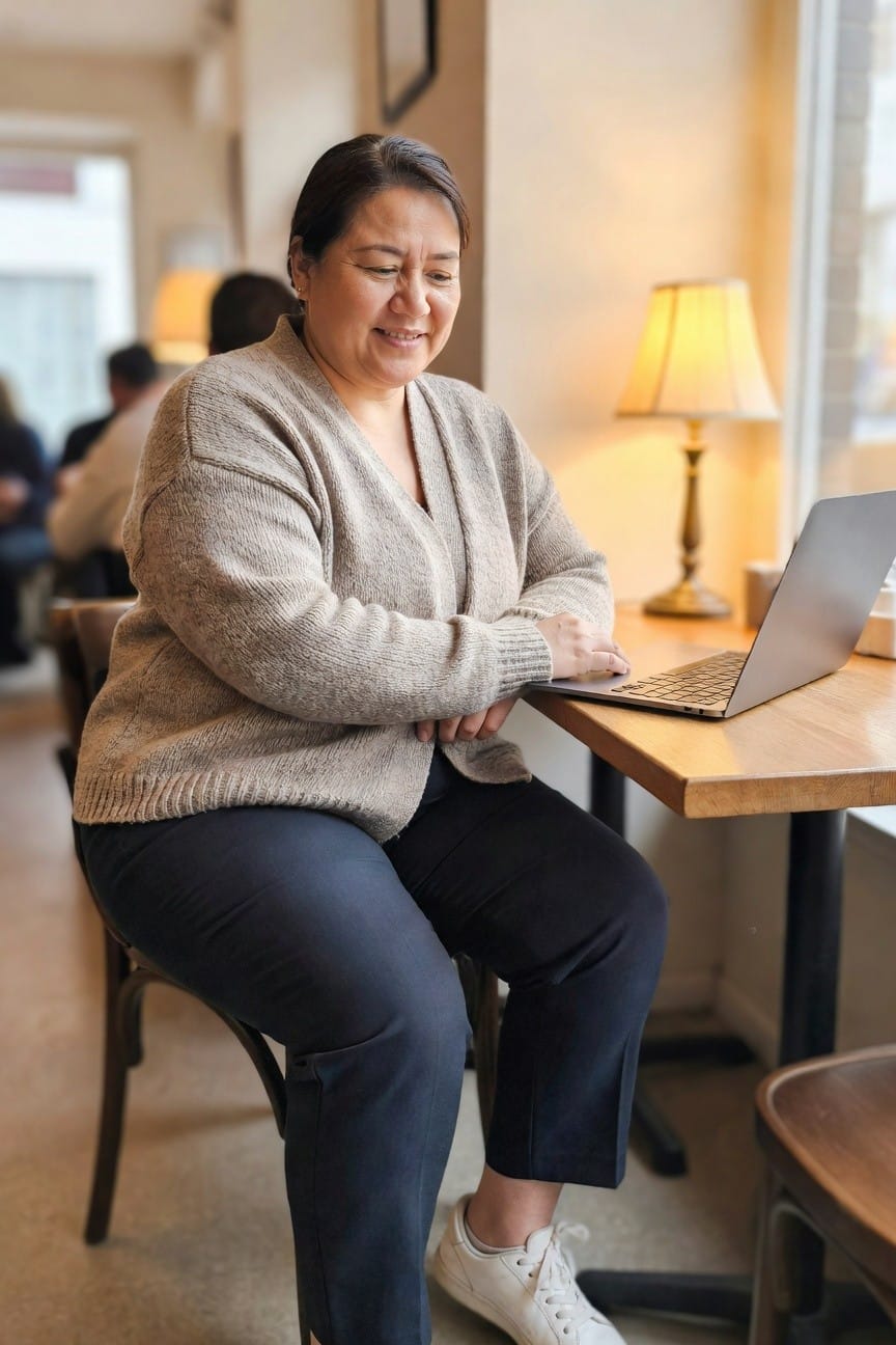 Plus-size woman smiling while typing on a silver laptop, wearing an open beige knit cardigan over a deep V-neck top, black cropped pants, and white low-top sneakers, seated at a wooden cafe table.