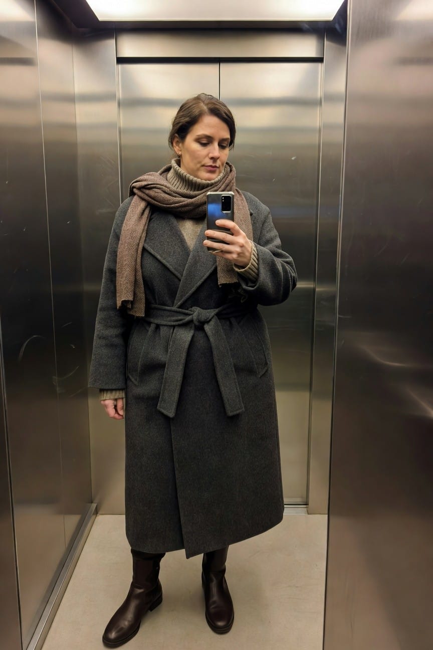 Plus-size woman in a long belted gray wool coat draped with a beige knit scarf over a cream turtleneck sweater, finished with knee-high brown leather riding boots, taking a mirror selfie in an elevator