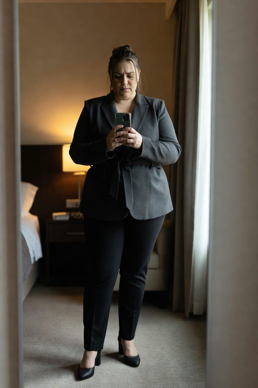 Plus-size woman in a charcoal gray belted blazer, black trousers, and black pointed heels, standing in front of a mirror while holding a smartphone, professional work outfit in a hotel room setting