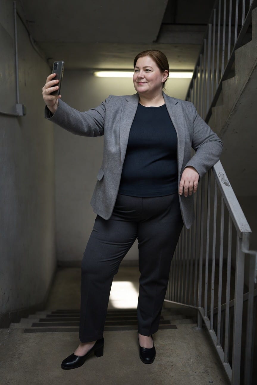 Plus-size woman in open gray blazer over navy knit top, gray straight-leg trousers, and black pointed pumps, posing confidently while taking a selfie in a concrete stairwell
